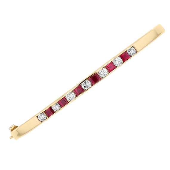 Estate Ruby and Diamond 14k Gold Bangle Bracelet - image 1