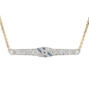 Art Deco 2 Carat Diamond & Sapphire Filigree Bar Necklace