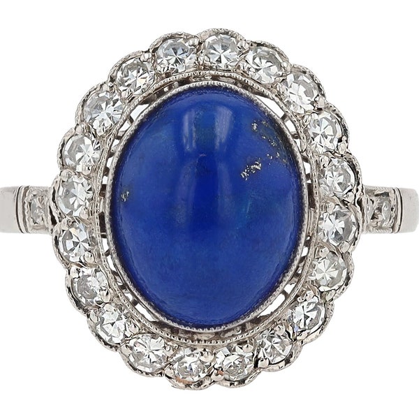 Vintage Art Deco Style Lapis Lazuli Diamond Platinum Gemstone Engagement Ring