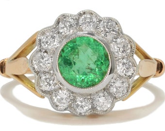 Antique Emerald Floral Halo Engagement Ring