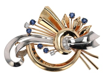 Retro Platinum/Gold Diamond & Sapphire Cosmic Brooch Pin-Pendant