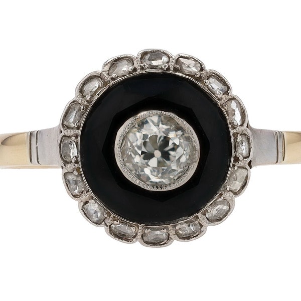 Antique Art Deco Old Mine Diamond & Onyx Target Engagement Ring