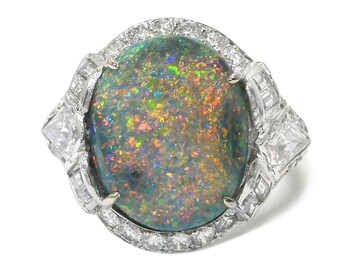 Art Deco 6.76 Carat Black Opal Cocktail Ring GIA Certified