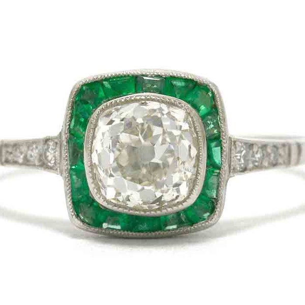 ON HOLD Art Deco Old Mine Cushion Diamond Engagement Ring Emerald Halo Antique Vintage Filigree Platinum Target Shape Square Setting