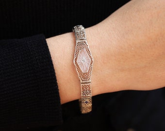 Antieke Art Deco filigraan en diamanten armband van 14 karaats witgoud