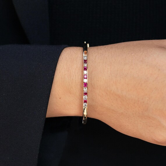 Estate Ruby and Diamond 14k Gold Bangle Bracelet - image 2