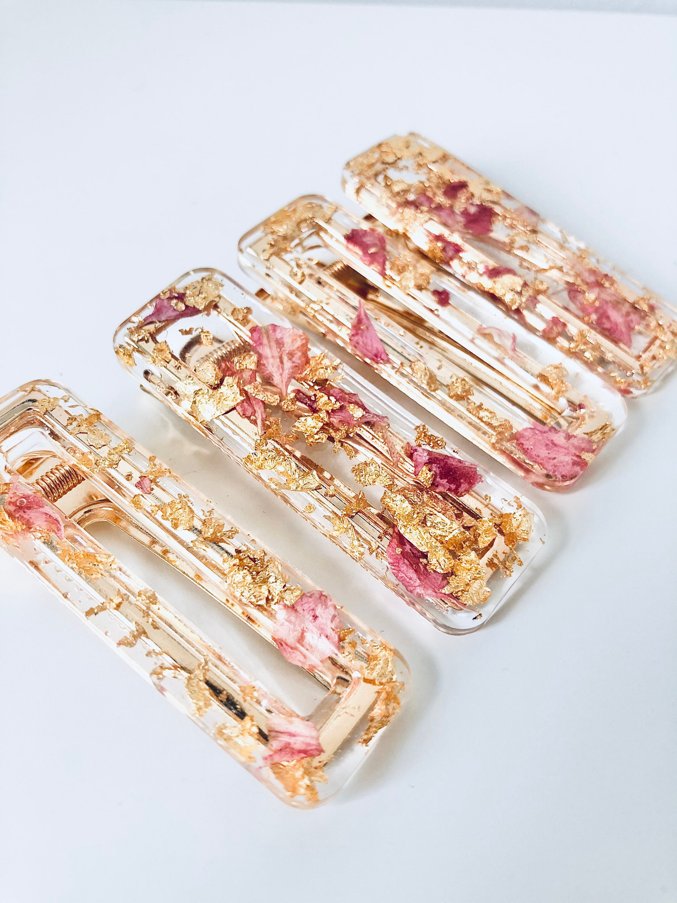 Beautiful Resin Hair ClipReal Rose Flower Petals with Gold LeafsLinear Beautiful Resin Hair ClipReal Rose Flower Petals with Gold LeafsLinear