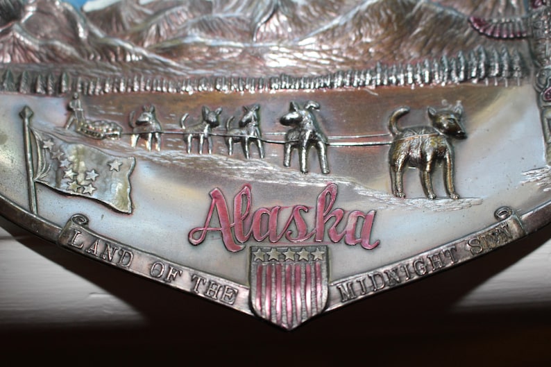 Vintage Copper Alaska Souvenir Tray Made In Japan Dogs Totem Pole,Mountains