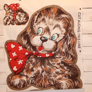 Vintage Cotton Fabric Cut N Sew Panel Puppy Dog Big Red Bow Craft Fabric Panel Toy Pillow