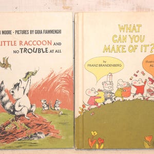 May include: Two vintage children's books. The first book is titled "Little Raccoon and No Trouble at All" with illustrations of a raccoon. The second book is titled "What Can You Make of It?" with illustrations of mice.