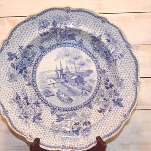 Ralph Stevenson Erie Canal At Buffalo Plate/Soup Bowl 1830 Blue Staffordshire Transferware Whiteware