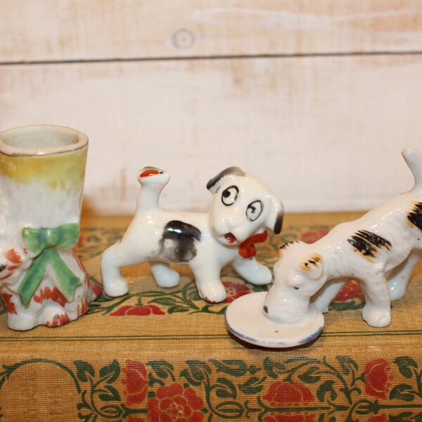 3 Vintage Porcelain Dog Figurines Spotted Dog Scotty Dog Toothpick Holder Fox Terrier Instant Collection Occupied Japan Gift For Dog Lover