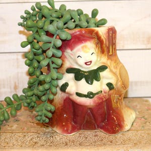 May include: A whimsical ceramic planter shaped like a tree stump with a smiling elf figure. The planter is painted in shades of red, brown, and white, and is filled with a trailing green succulent plant. The planter is sitting on a decorative surface.