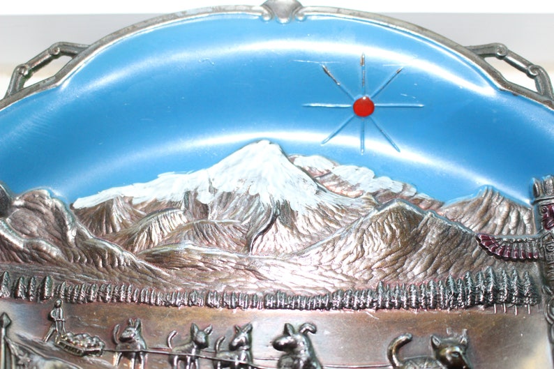 Vintage Copper Alaska Souvenir Tray Made In Japan Dogs Totem Pole,Mountains
