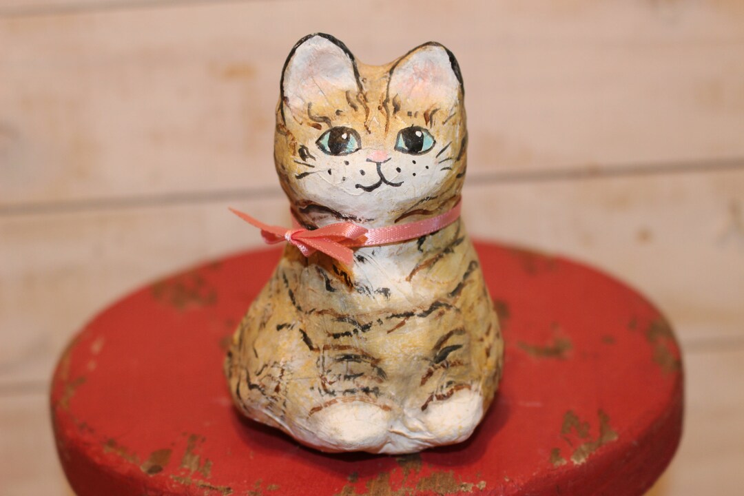 Handmade Paper Mache Cat Kitten Vintage Folk Art Cat Figurine Etsy