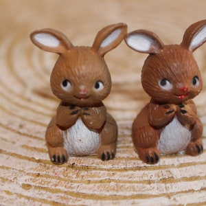 May include: Two brown and white rabbit figurines with black eyes and red noses. The rabbits are sitting upright with their paws clasped in front of them.