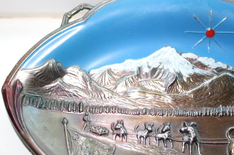 Vintage Copper Alaska Souvenir Tray Made In Japan Dogs Totem Pole,Mountains