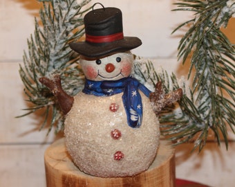 Vintage Walnut Ridge Snowman Ornament Glitter Blue Scarf Black Hat Christmas Tree Ornament Decoration