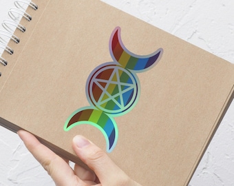 Rainbow Pentacle Triple Moon Holographic Sticker - Witchy Aesthetic Decal - Spiritual Accessories - LGBT Flag