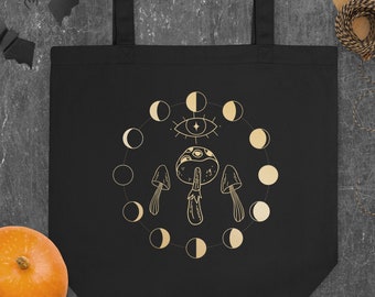Witchy Moon Phases and Mushrooms Tote - Halloween Eco Tote Bag - Celestial Aesthetic - Mystical Gift