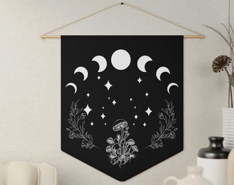 Moon Phases Wall Hanging - Witchy Decor - Cottagecore Banner - Mushrooms and Flowers Pennant - Housewarming Gift