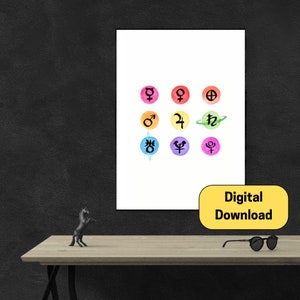 Watercolor Rainbow Planets of the Solar System Printable Wall Art Bright Color Neon Minimalist Abstract Astrology Glyphs