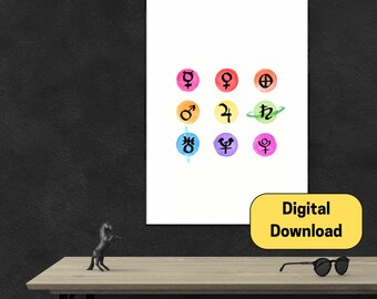 Watercolor Rainbow Planets of the Solar System Printable Wall Art Bright Color Neon Minimalist Abstract Astrology Glyphs