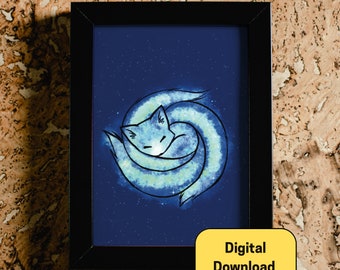 Kawaii Spiral Galaxy Fox Printable Wall Art Sleeping Whimsical Cute Animal Celestial Space Decor Stars Poster bedroom kids room dorm office