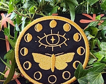 Fases lunares y parche bordado de polilla - Hierro brujo en parche - Diseño de mal de ojo - Regalo para amantes de la naturaleza - Accesorio lunar