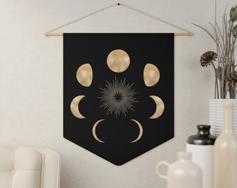 Moon Phases Wall Hanging - Halloween Celestial Home Decor - Lunar Cycle Banner - Witchy Wall Art - Wiccan Altar Artwork