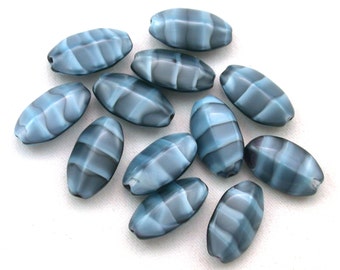 Blue Cool Gray Jet Black silk striped 15 x 7 x 4mm long ridged octagons. Set of 12.