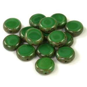 Kelly Green silk finish glass w/ medium brown picasso 11mm coins. Set of 15.