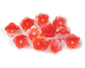 White opal Coral Red transparent blend 8 x 8mm long vintage style button flower bead. Set of 12 or 25.