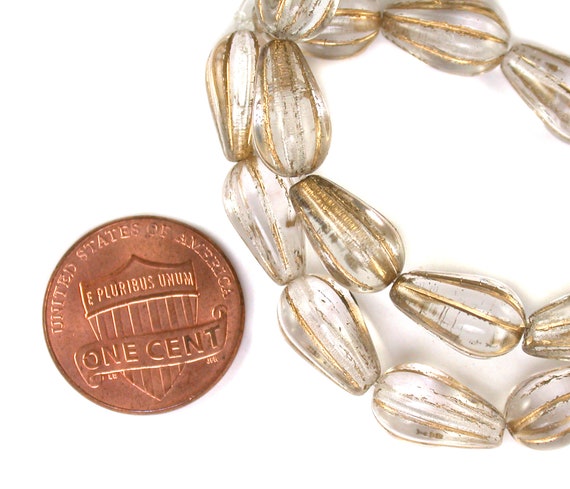 Crystal Transparent W/ Gold Decor 13 X 8mm Ribbed Drop Set