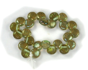 Peridot Olive Green transparent Green celsian finish 9mm scallop shell bead. Set of 12, 25 or 50.