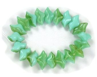 Yellow Green transparent Aqua opaque 7 x 14mm Art Deco flower beads. Set of 10 or 20.