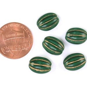 Dark Green opaque w/ Gold decor 12 x 9 x 4mm smaller flat oval beads. Set of 12, 13 or 25. image 2