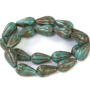 Turquoise Blue opaque w/ Brown picasso 13 x 8mm ribbed drop beads. Set of 10 or 20.