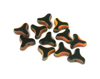Orange Black matte opaque 10 x 10 x 4mm thick small table cut glass 1930's triskelion shape beads. Set of 6, 8, or 12.