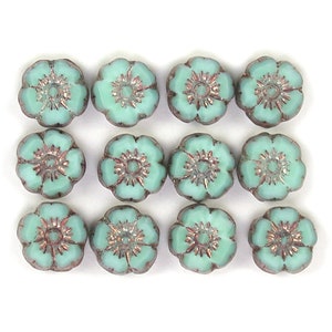 Sea Green silk w/ Purple Bronze details 10mm carved mini Hawaiian hibiscus flower coins. Set of 6, 12 or 24. image 2