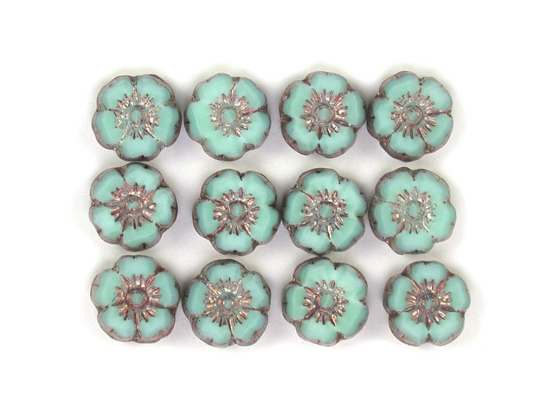 Sea Green silk w/ Purple Bronze details 10mm carved mini Hawaiian hibiscus flower coins. Set of 6, 12 or 24. image 2