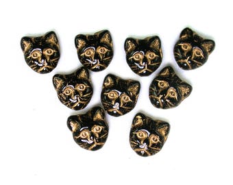 Jet Black w/ Gold decor 11mm fully molded cat beads. Set of 10.