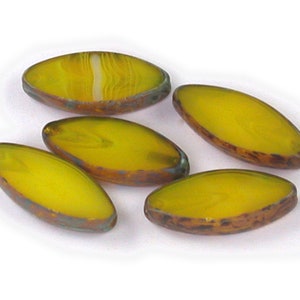 Lemon Yellow opaline w/ picasso finish 18 x 7mm oval spindle beads. Set of 10.