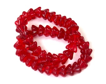 Red transparent 6 x 8mm small trumpet flower bead, drilled down middle. Set of 25.