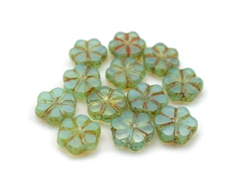 Pale Green opaline w/ picasso 10mm flat flower link. Set of 8 or 15.