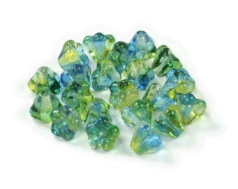 Green Blue Yellow Clear coated transparent 4 x 6mm tiny trumpet flower bead, drilled down middle. Set of 50.