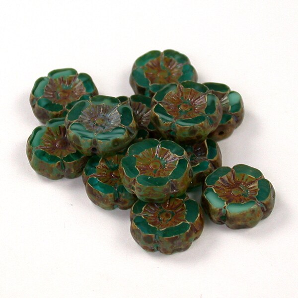 Green Blue transparent White givre w/ Brown picasso medium 12mm Hawaiian hibiscus flower bead. Set of 6 or 12.