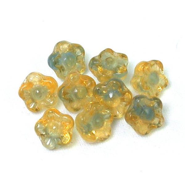 Pale Golden Yellow Montana Blue transparent blend 7mm button flower bead. Set of 25 or 50.