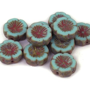 Green Blue UV Active opaque w/ Golden Brown picasso Red decor 14mm Hawaiian flower links with detailed design. Set of 4, 6 or 10.