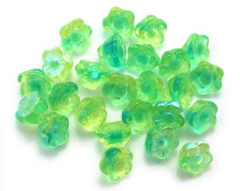 Blue Green Yellow Green UV active 7mm button flower bead. Set of 12, 25 or 50.